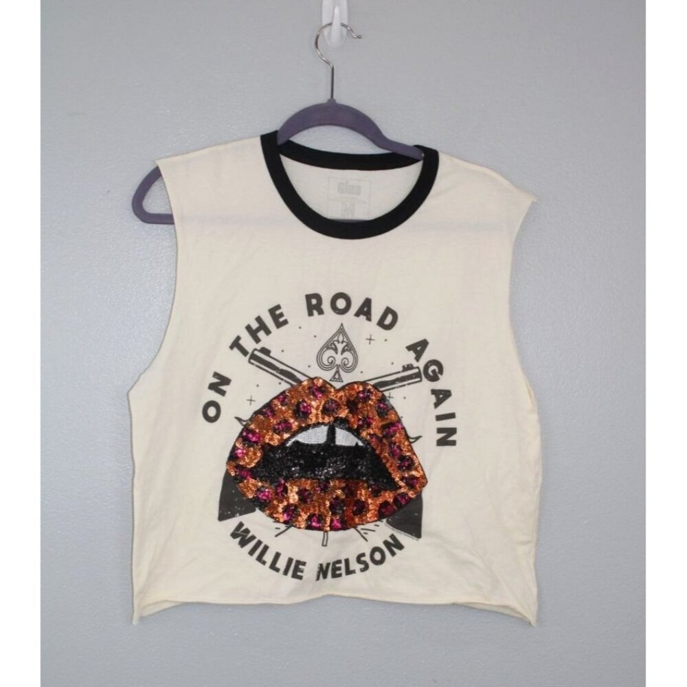 Gina Shirt Womens M Cream Sleeveless Graphic Band Tee Seqins Grunge Western Boho